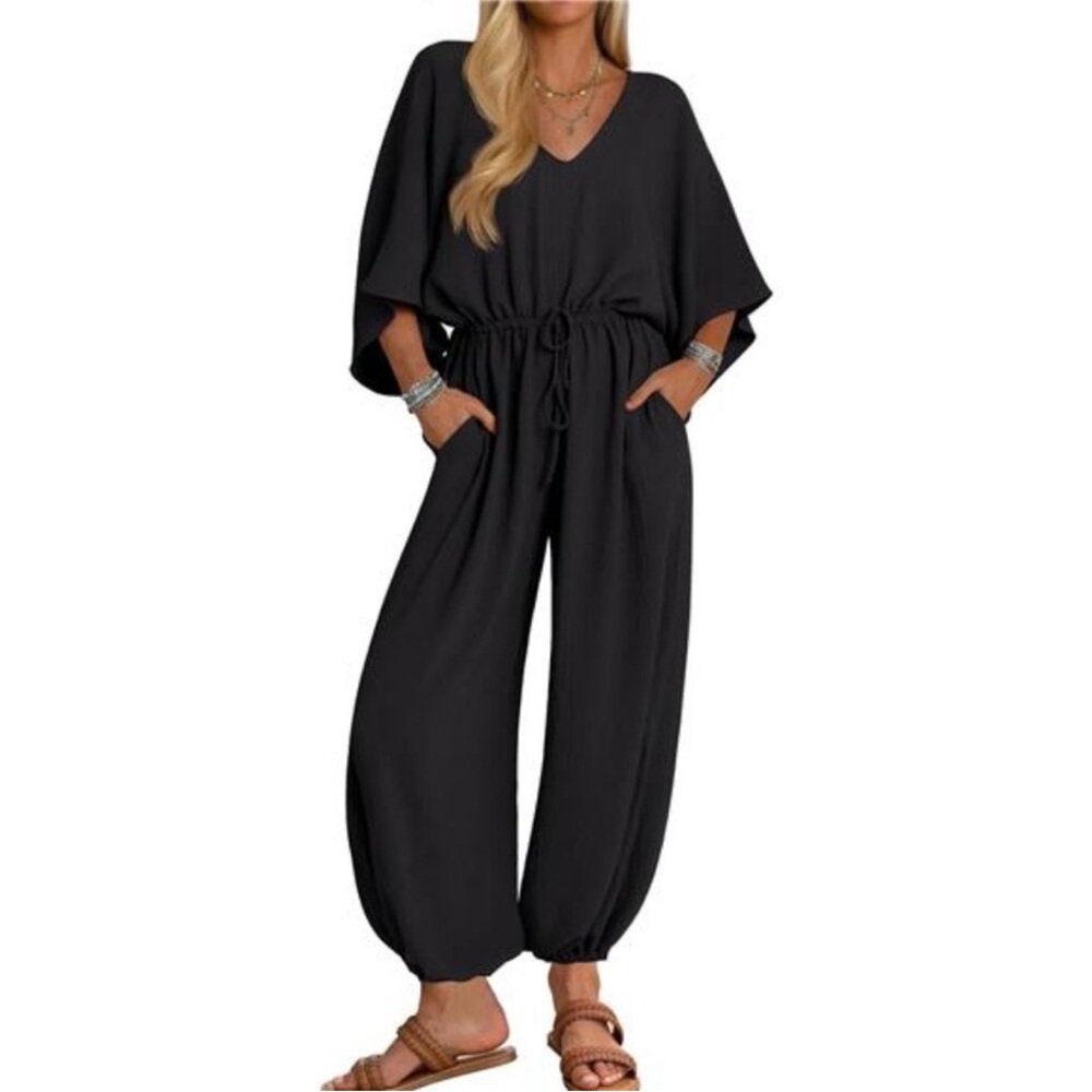 BLACK Women's Short Sleeve V Neck One Piece Jumpsuits Summer Casual Overalls
